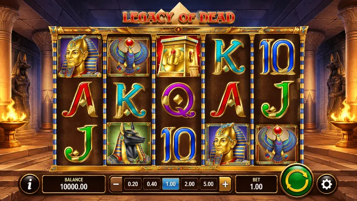 Legacy of Dead demo mänguväli: 5 rulli, virtuaalne saldo ja Spin-nupp