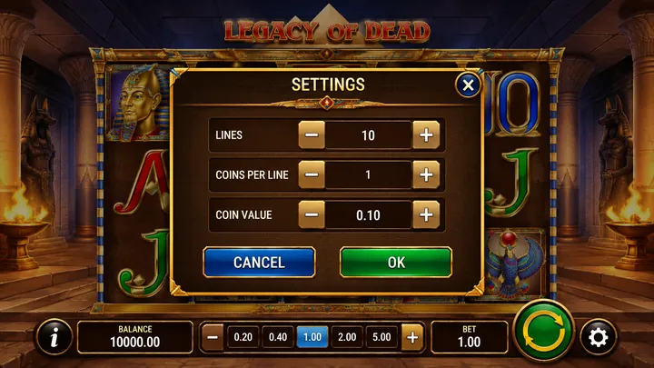 Legacy of Dead seadete aken: Lines, Coins per line ja Coin value